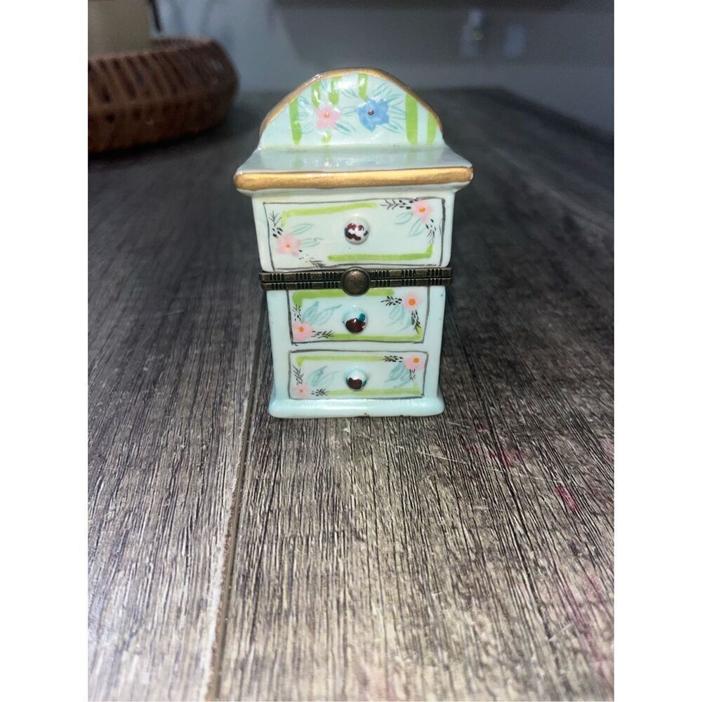 Dresser Shaped Figural Hinged Trinket Box Stripe Floral Porcelain